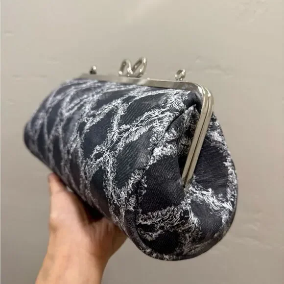 Genuine Leather Denim Quilted Pattern, Handmade Unique Bow Kisslock Baguette Bag